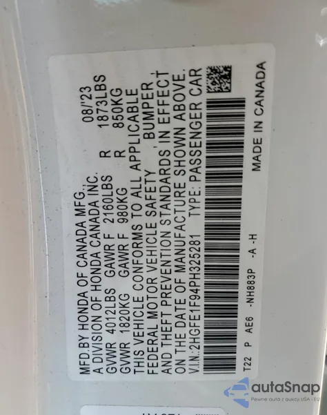 2023 Honda Civic Touring z USA, uszkodzony, nr VIN 2HGFE1F94PH325281